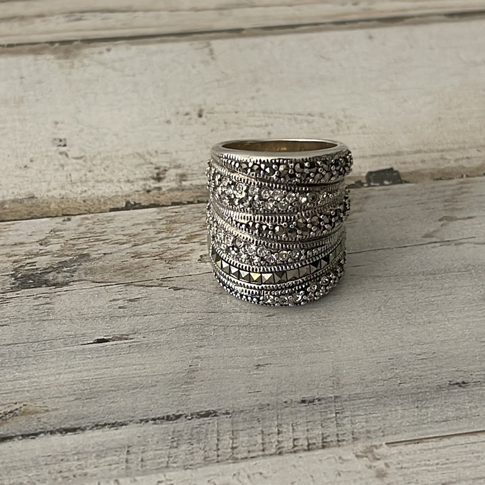 Sterling Silver Marcasite Crystal Multi Band Statement Ring - Picture 4 of 9